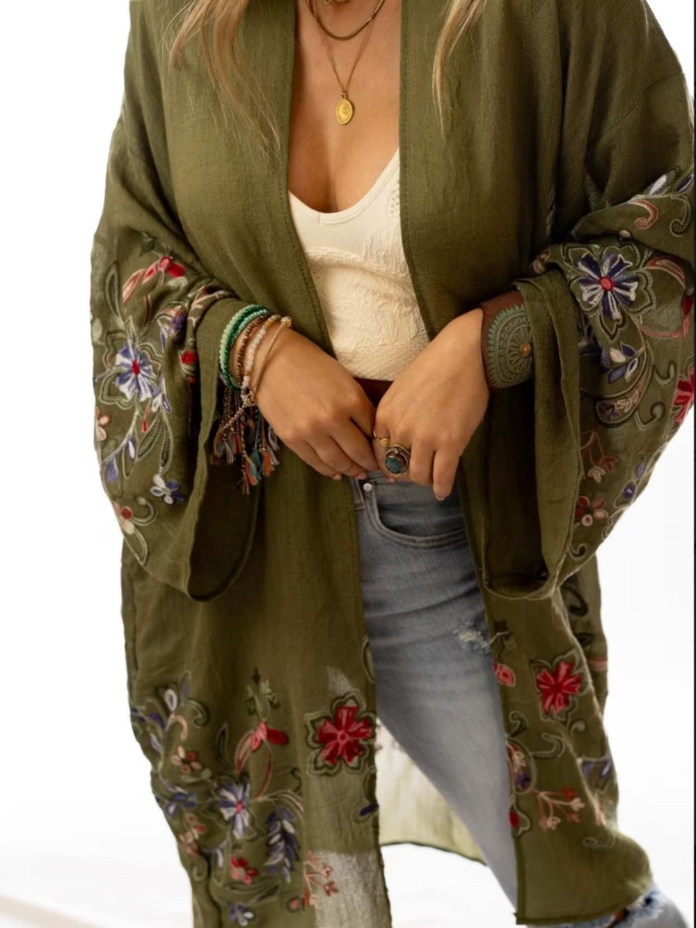 Beautiful Olive Green Embroidered Kimono, OS NIB Sealed